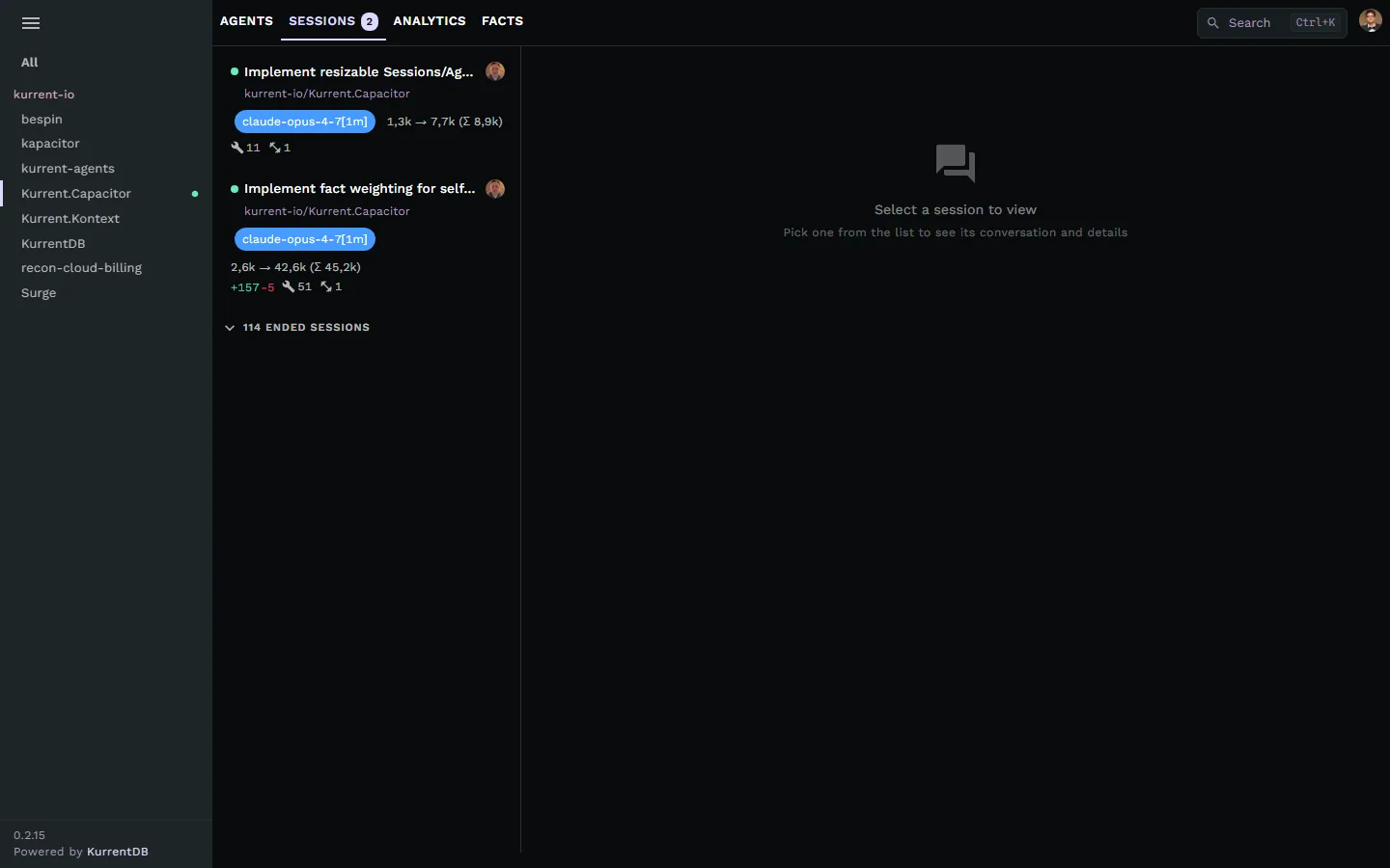 Kapacitor sessions list grouped by GitHub repository with project sidebar