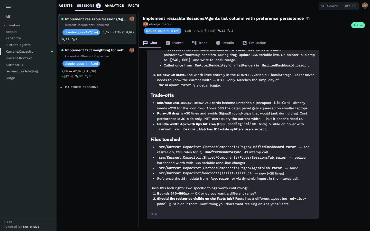 Kapacitor chat tab showing the rendered conversation with markdown and code blocks