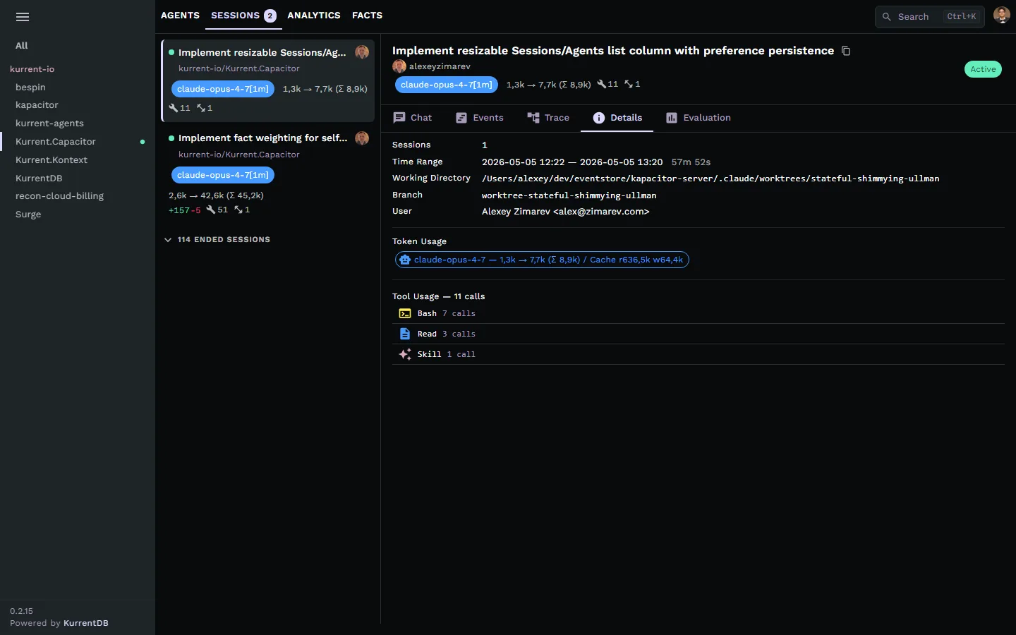 Kapacitor session details panel showing token usage, working directory, and tool call breakdown
