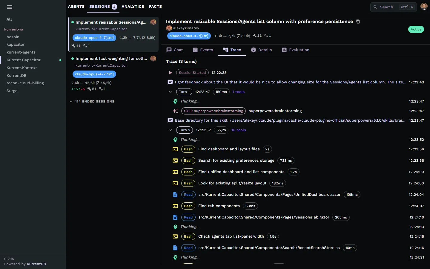 Kapacitor trace view showing the hierarchical call tree of prompts, todos, and tool invocations
